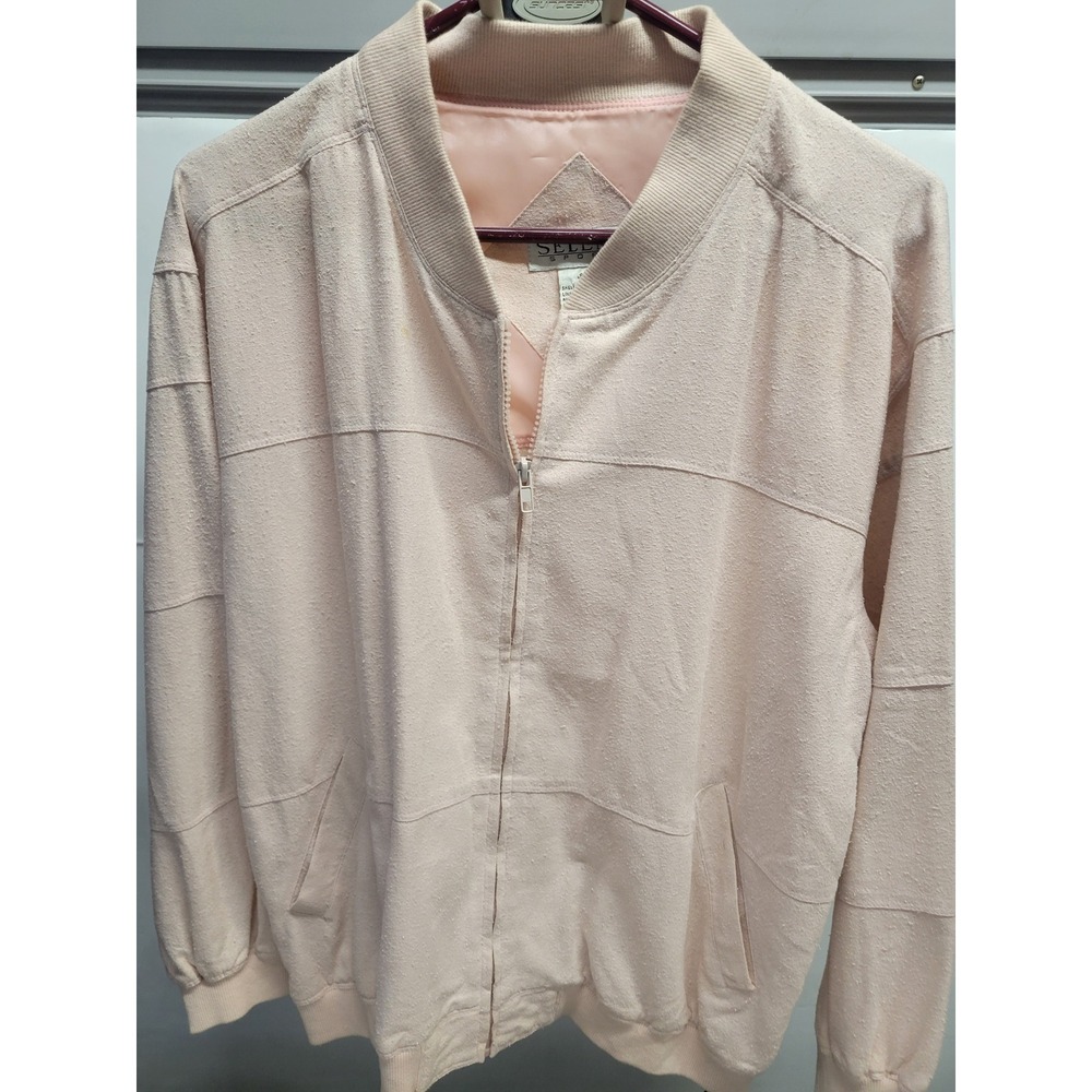 Vtg Selene Sport Pale Pink 100% raw Silk Bomber Jacket track jump suit 80s sz S